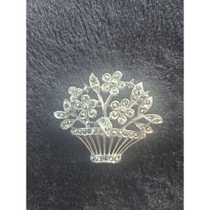 Vintage Lisner Silver Tone Rhinestone Open Work Basket  Flowers Brooch pin‎